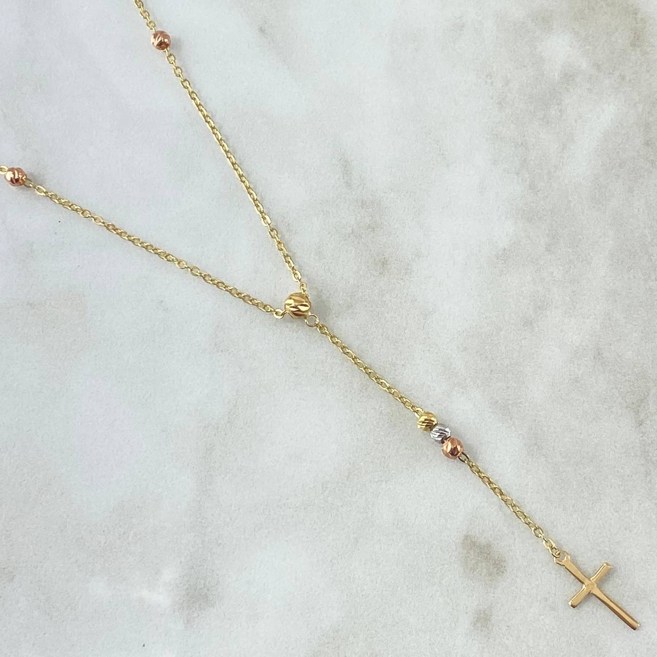 Rosario Movil Cruz Polished 3.45gr / 40cm / 3mm-4mm Beads Diamond Cut Tres Oros 18K
