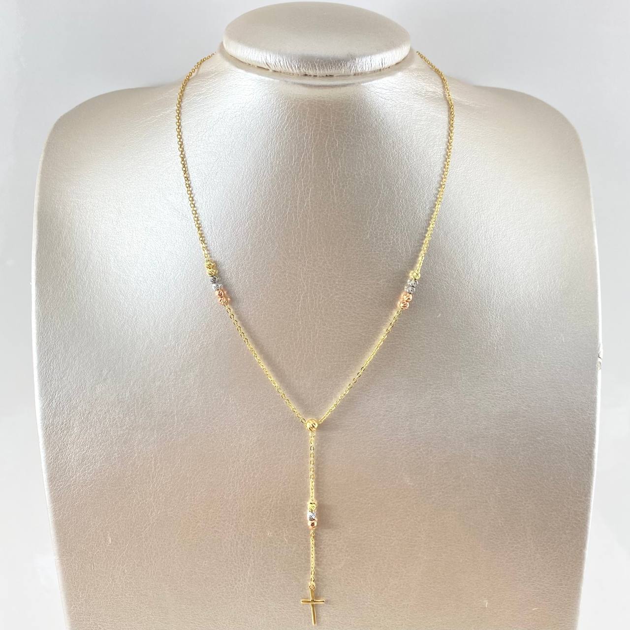 Rosario Movil Cruz Polished 3.45gr / 40cm / 3mm-4mm Beads Diamond Cut Tres Oros 18K