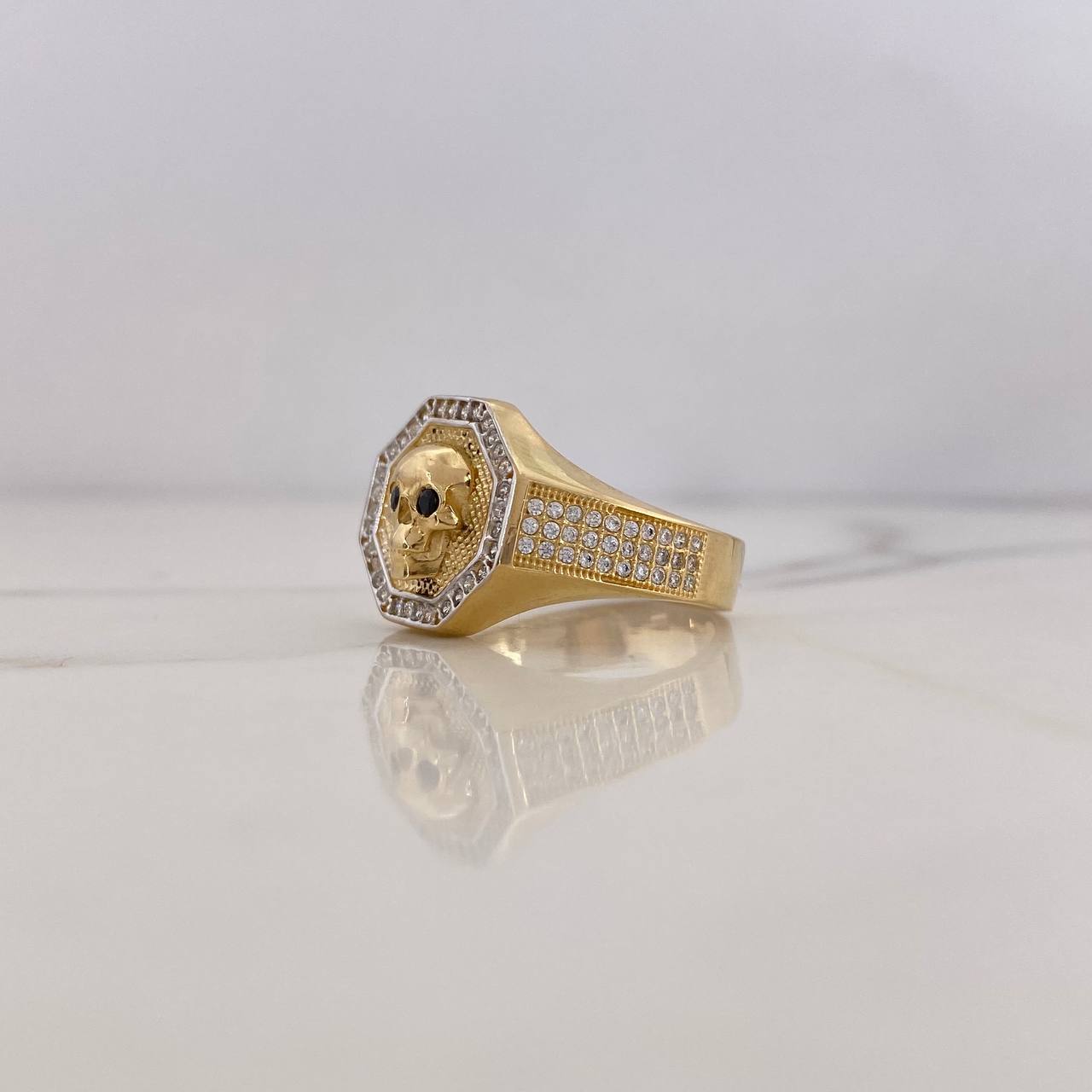 Octagonal Skull Signet Ring 8.15gr / Size 10 1/4 / Black and White Zircons Two-tone 18K Yellow and White Gold $