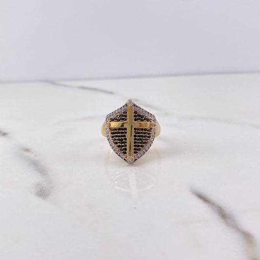 Shield Cross Ring 6.85gr / Size 9 1/2 / Black and White Zircons Two 18K Yellow and White Golds $