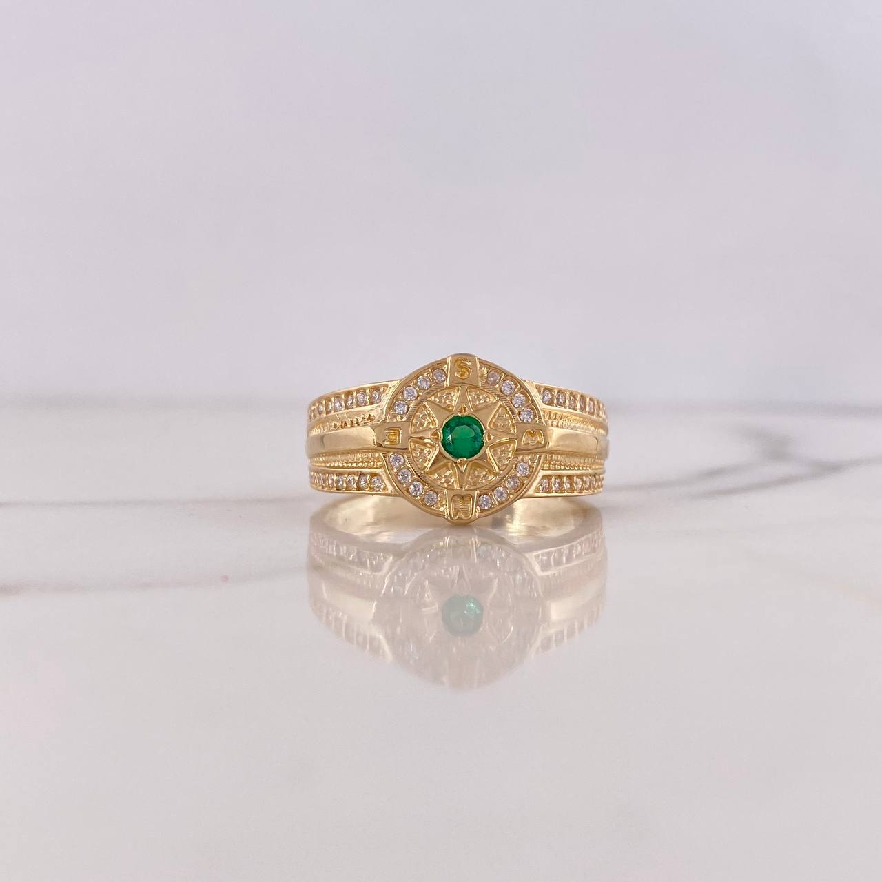 Compass Star Cardinal Ring 7.4gr / T10 3/4 / Green and White Zircons 18K Yellow Gold $