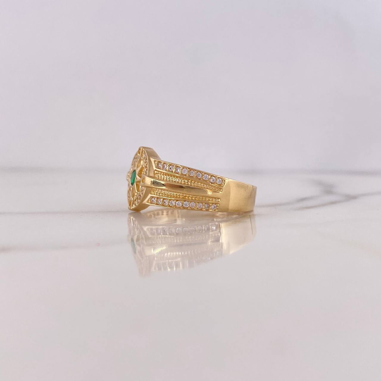 Compass Star Cardinal Ring 7.4gr / T10 3/4 / Green and White Zircons 18K Yellow Gold $