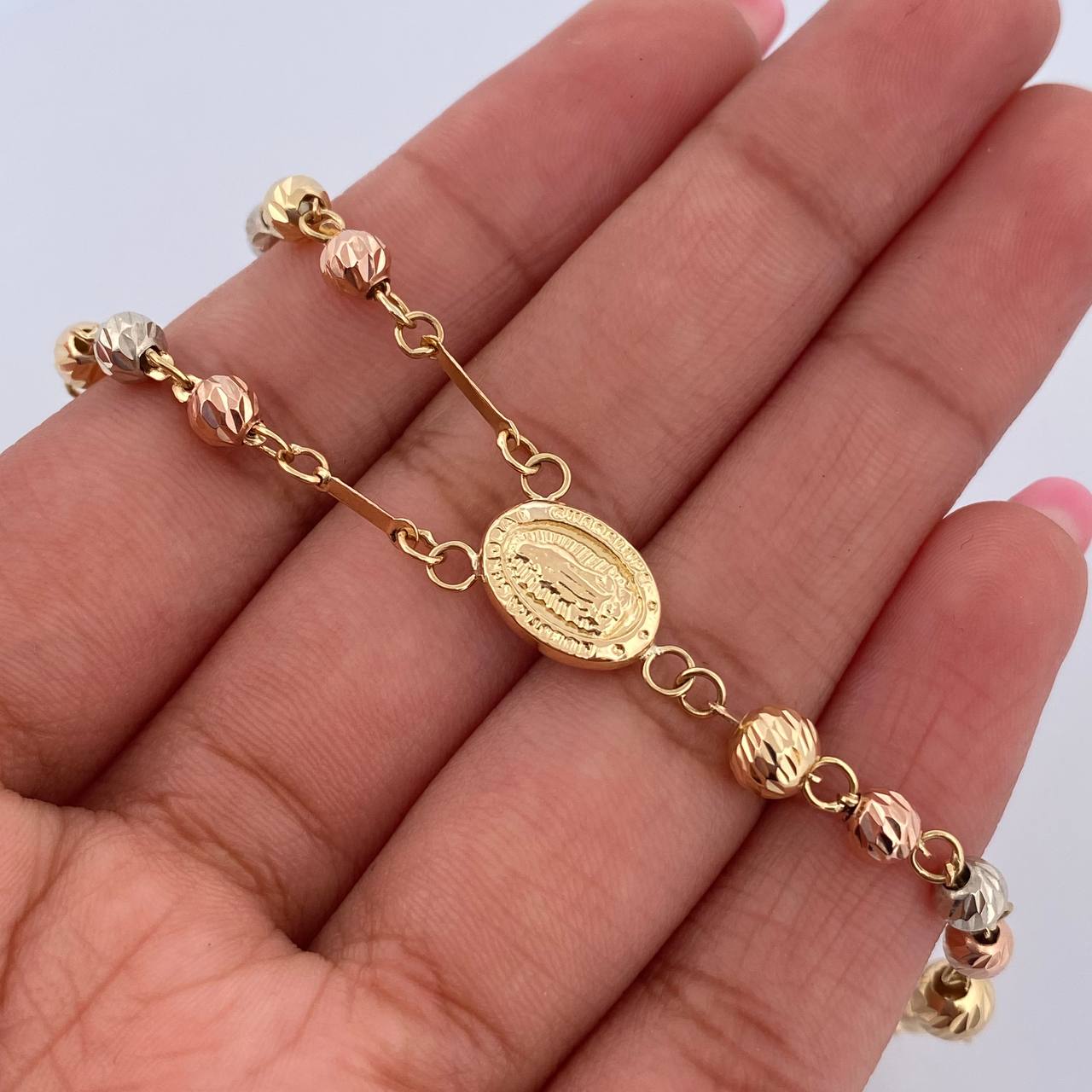 Rosary Virgin Guadalupe 11gr / 60cm / 4mm-5mm Beads Diamond Cut Three 18K Gold $