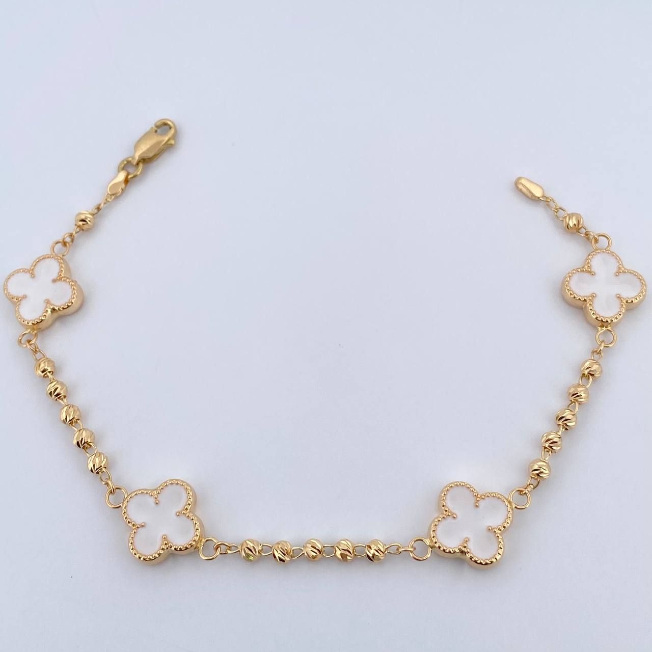 Clover Bracelet Military 5.7gr / 19cm / 2.8mm Beads Diamond Cut Electrostatic White Yellow Gold 18K $