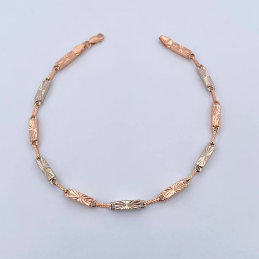 Bracelet Rectangular Link Bracelet 4.4gr / 21.6cm / 3.6mm Diamond Cut Two-tone White and Rose 18K Gold &