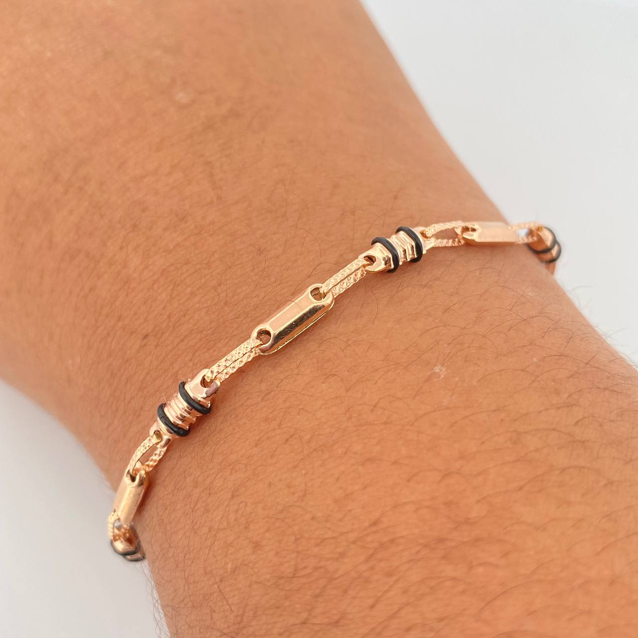 Bracelet Barrel 3.5gr / 20.7cm / 3.4mm Black Rubber Rose Gold 18K &