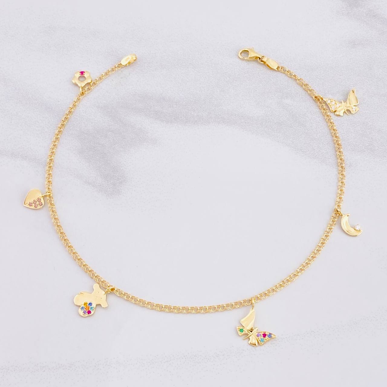 Tobillera Aro Seguido Doble Dijes Colgantes 5.45g / 11 in / 2.2mm Oro Amarillo 18K