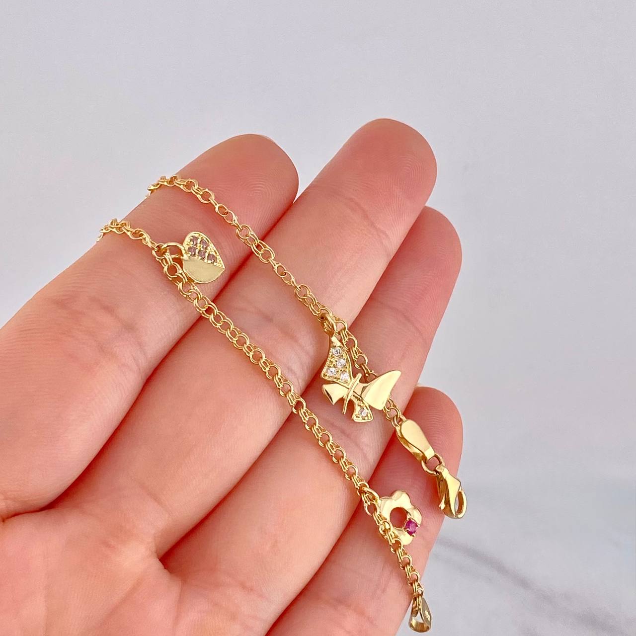 Tobillera Aro Seguido Doble Dijes Colgantes 5.45g / 11 in / 2.2mm Oro Amarillo 18K