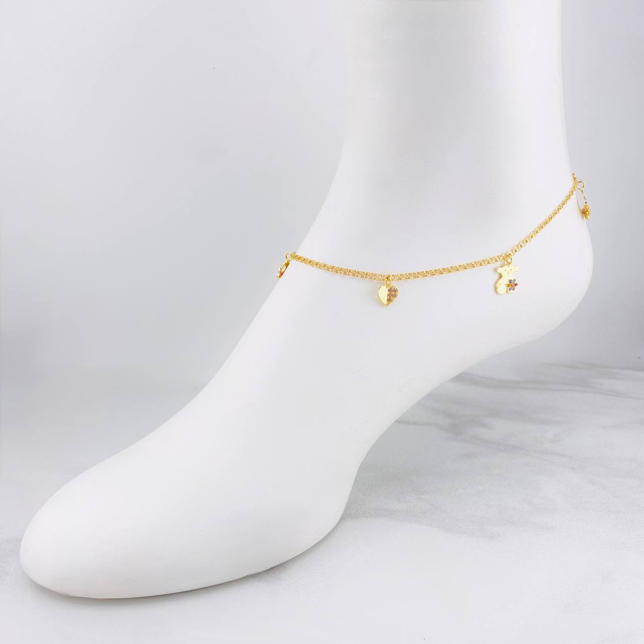 Tobillera Aro Seguido Doble Dijes Colgantes 5.45g / 11 in / 2.2mm Oro Amarillo 18K