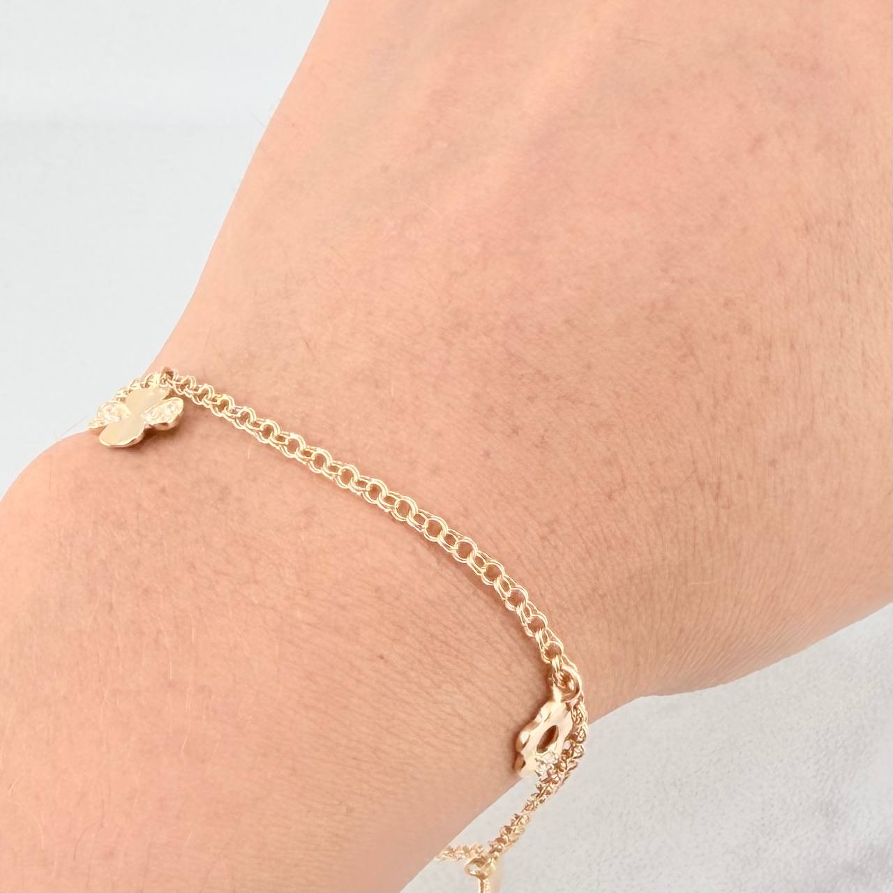 Pulso Aro Seguido Doble Dijes Colgantes 3.6g / 7 3/4 in / 2.2mm Oro Amarillo 18K