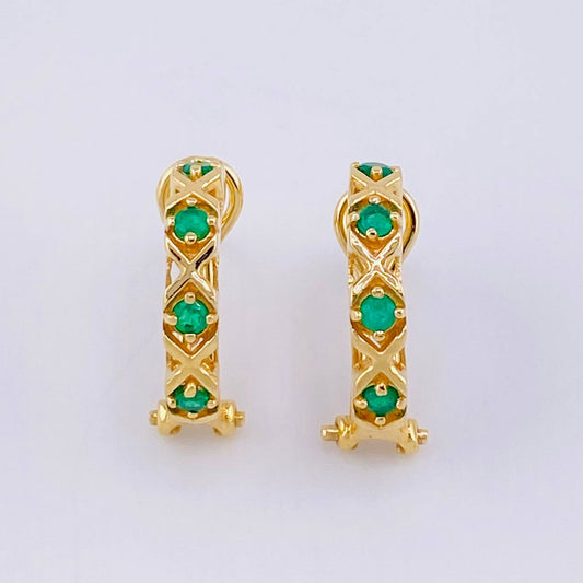 Hoop Earrings Crossed Points Emeralds 16pts 3.6gr / 1.5cm / 18K Yellow Gold *