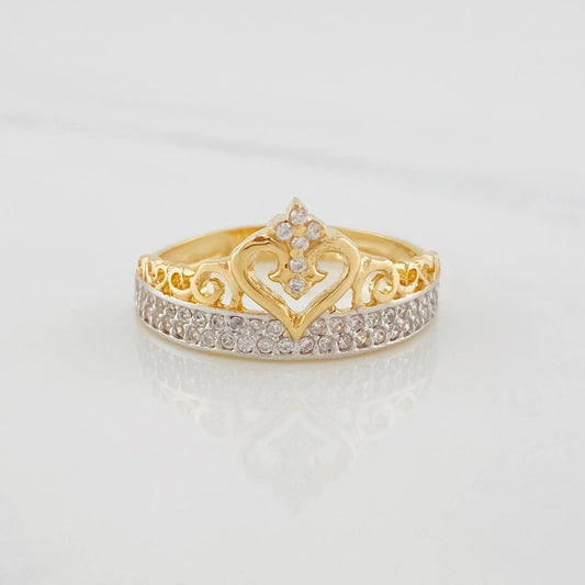 Heart Crown Ring 2.75g / Size 7 1/2 Two-Tone Yellow White Gold 18K