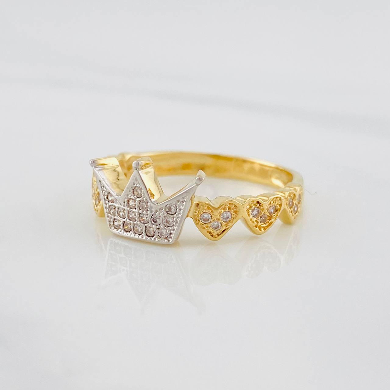Anillo Corona Corazones 2.65g / T7 Dos Oros Amarillo Blanco 18K