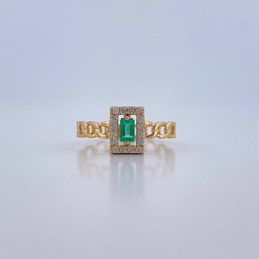 Rectangular Cuban Ring 1.7gr / Size 6 1/4 / Emeralds 15 Pts Diamonds 14 Pts 18K Yellow Gold (Jewel) &