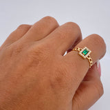 Rectangular Cuban Ring 1.7gr / Size 6 1/4 / Emeralds 15 Pts Diamonds 14 Pts 18K Yellow Gold (Jewel) &