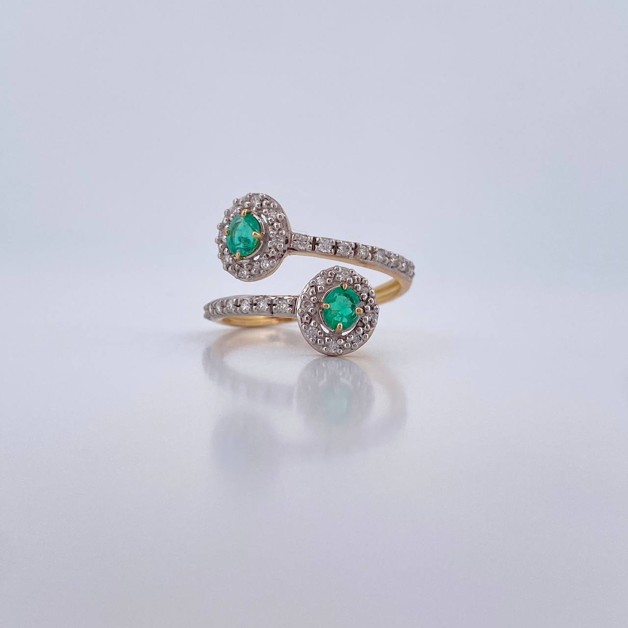 Ring Solitaire Double Halo 2.45gr / Size 6 / Emeralds 26 Pts Diamonds 24 Pts Two Yellows White Gold 18K (Jewel) &