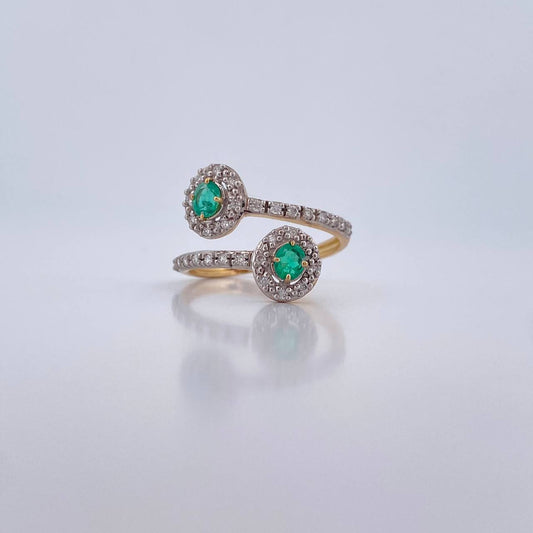 Ring Solitaire Double Halo 2.45gr / Size 6 / Emeralds 26 Pts Diamonds 24 Pts Two Yellows White Gold 18K (Jewel) &