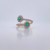 Ring Solitaire Double Halo 2.45gr / Size 6 / Emeralds 26 Pts Diamonds 24 Pts Two Yellows White Gold 18K (Jewel) &