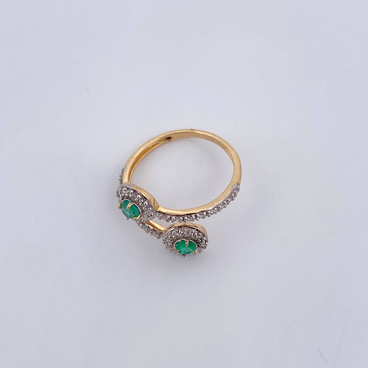 Ring Solitaire Double Halo 2.45gr / Size 6 / Emeralds 26 Pts Diamonds 24 Pts Two Yellows White Gold 18K (Jewel) &