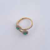 Ring Solitaire Double Halo 2.45gr / Size 6 / Emeralds 26 Pts Diamonds 24 Pts Two Yellows White Gold 18K (Jewel) &