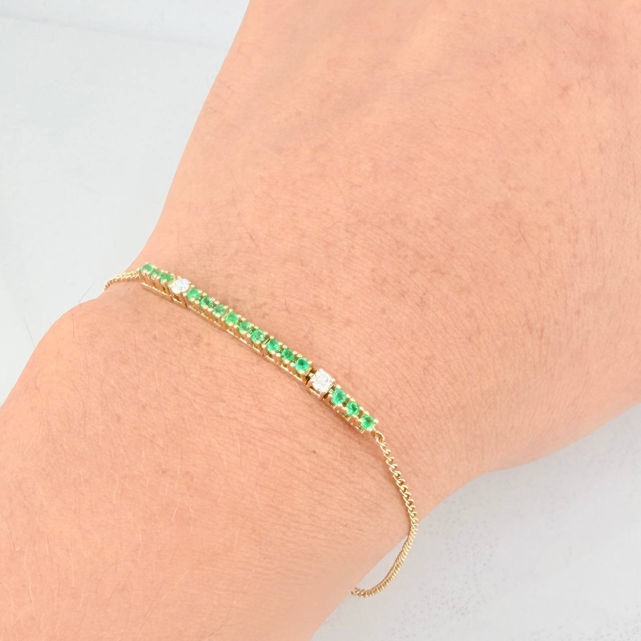 Cuban Links Bracelet Tennis Emeralds 26pts Diamonds 11pts 2.15g / 7 1/4 in / 2.4mm Yellow Gold 18K