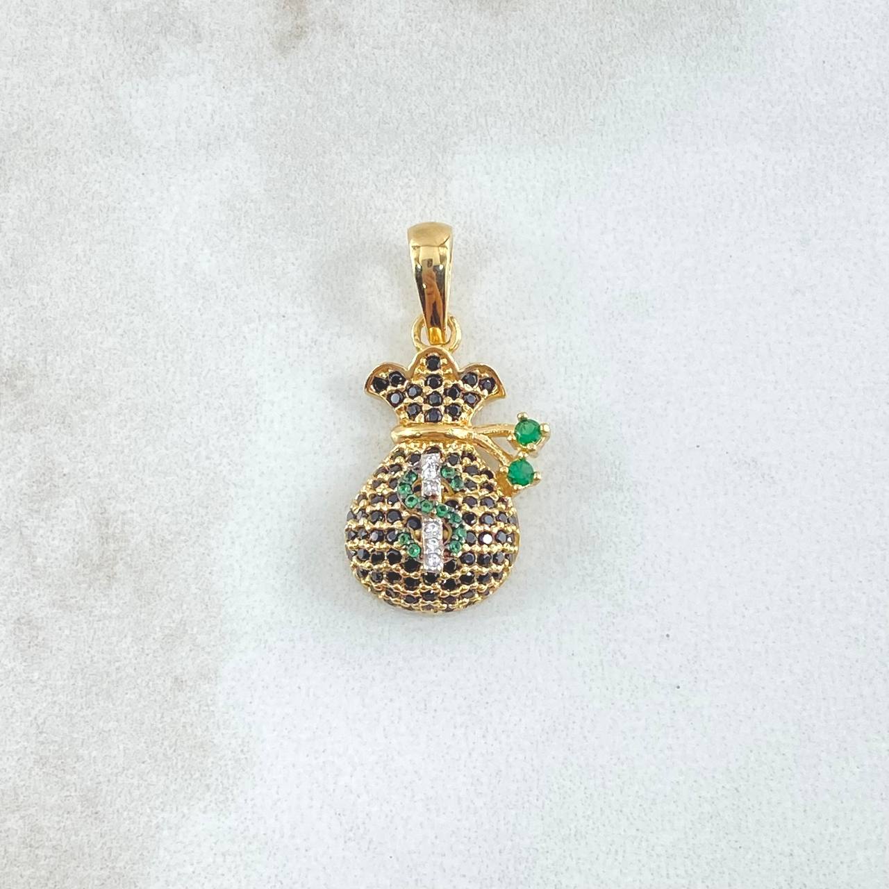 Pendant Coquett Money Bag 2.8gr / 2.5cm / White Black Green Zircons 18K Yellow Gold