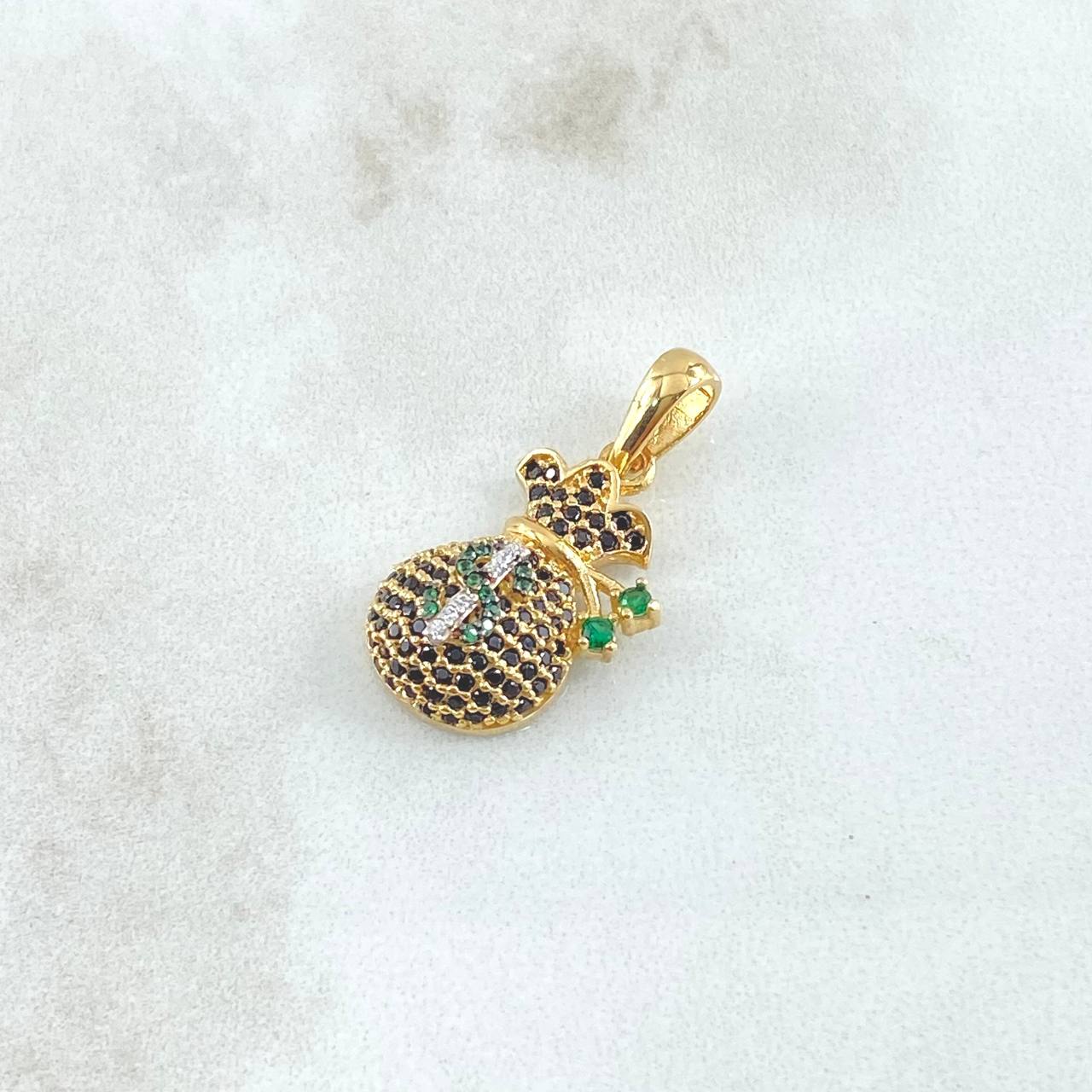 Pendant Coquett Money Bag 2.8gr / 2.5cm / White Black Green Zircons 18K Yellow Gold