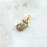 Pendant Coquett Money Bag 2.8gr / 2.5cm / White Black Green Zircons 18K Yellow Gold