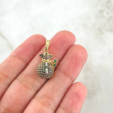 Pendant Coquett Money Bag 2.8gr / 2.5cm / White Black Green Zircons 18K Yellow Gold