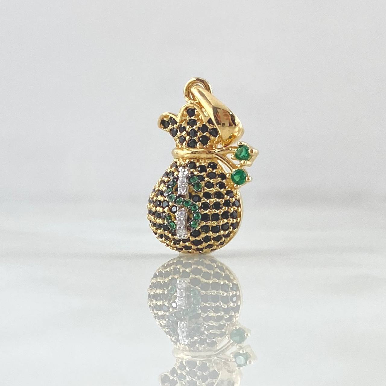 Pendant Coquett Money Bag 2.8gr / 2.5cm / White Black Green Zircons 18K Yellow Gold