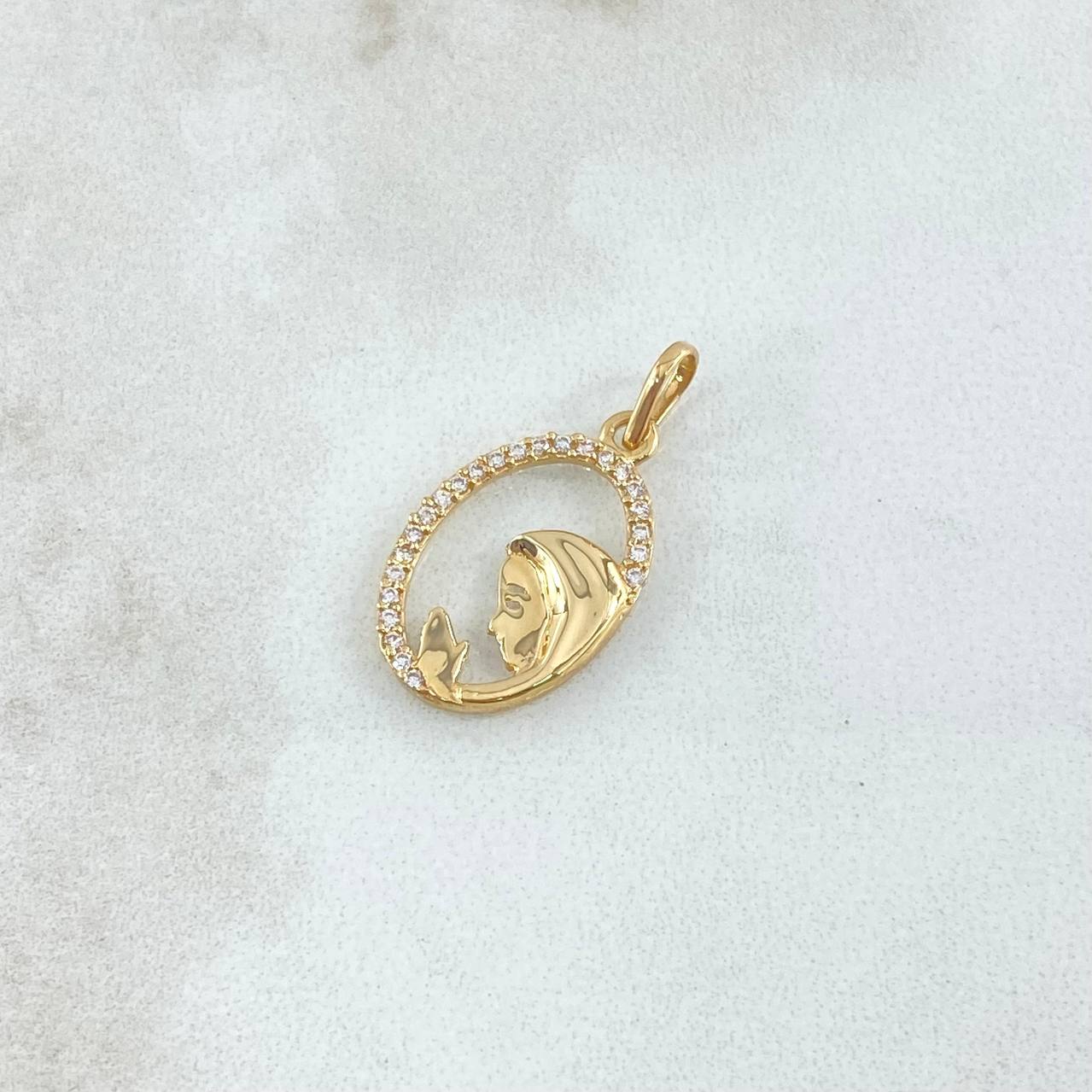 Dije Virgen Maria Circulo Floreado 1.1gr / 2.4cm / Circones Blancos Oro Amarillo 18K ©