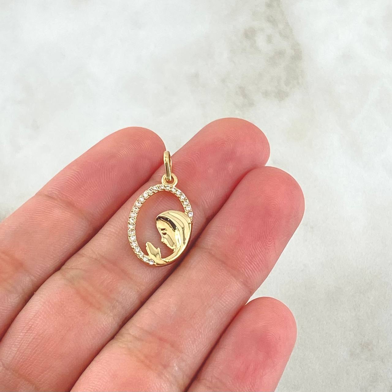 Pendant Virgin Mary Flowered Circle 1.05gr / 2.4cm / White Zirconia 18K Yellow Gold *