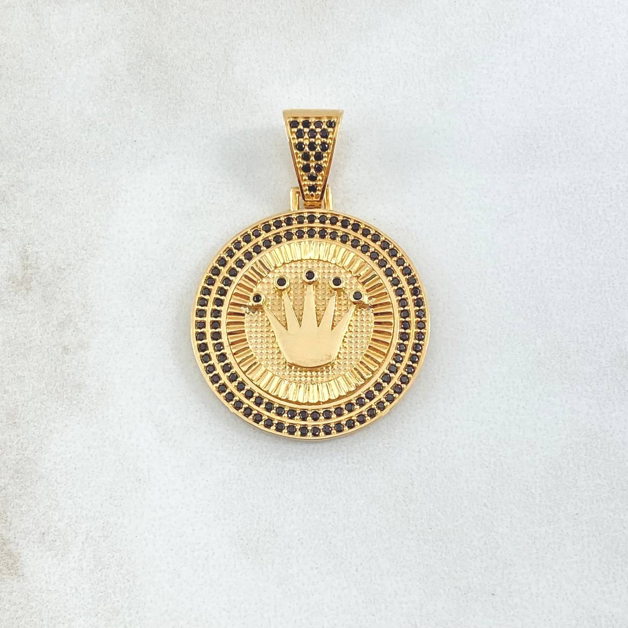 Dije Medalla Corona RX 7.15gr / 3.6cm / Circones Negros Oro Amarillo 18K ©