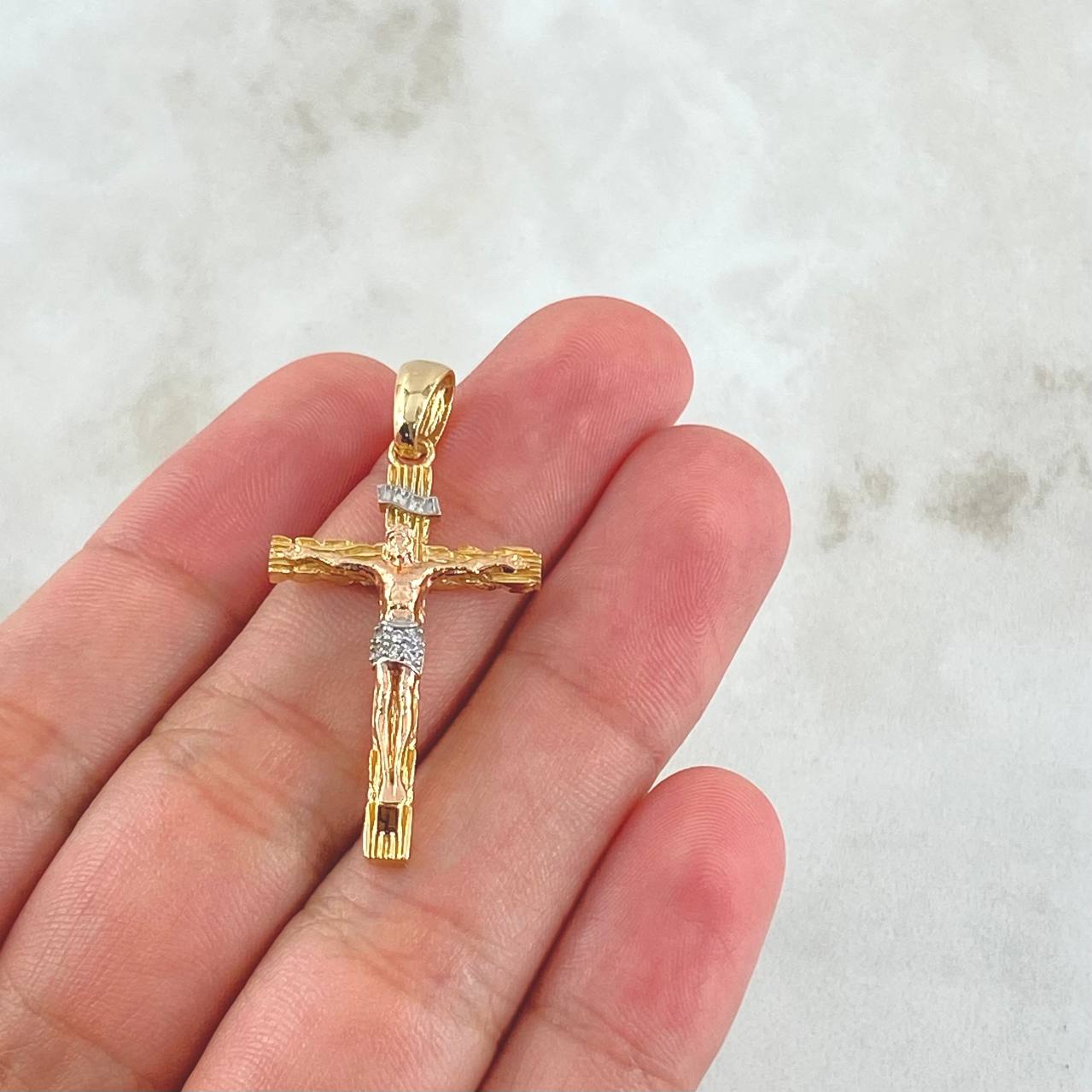 Pendant Wooden Christ Cross 4.2gr / 3.8cm / White Zircons Three 18K Golds ©
