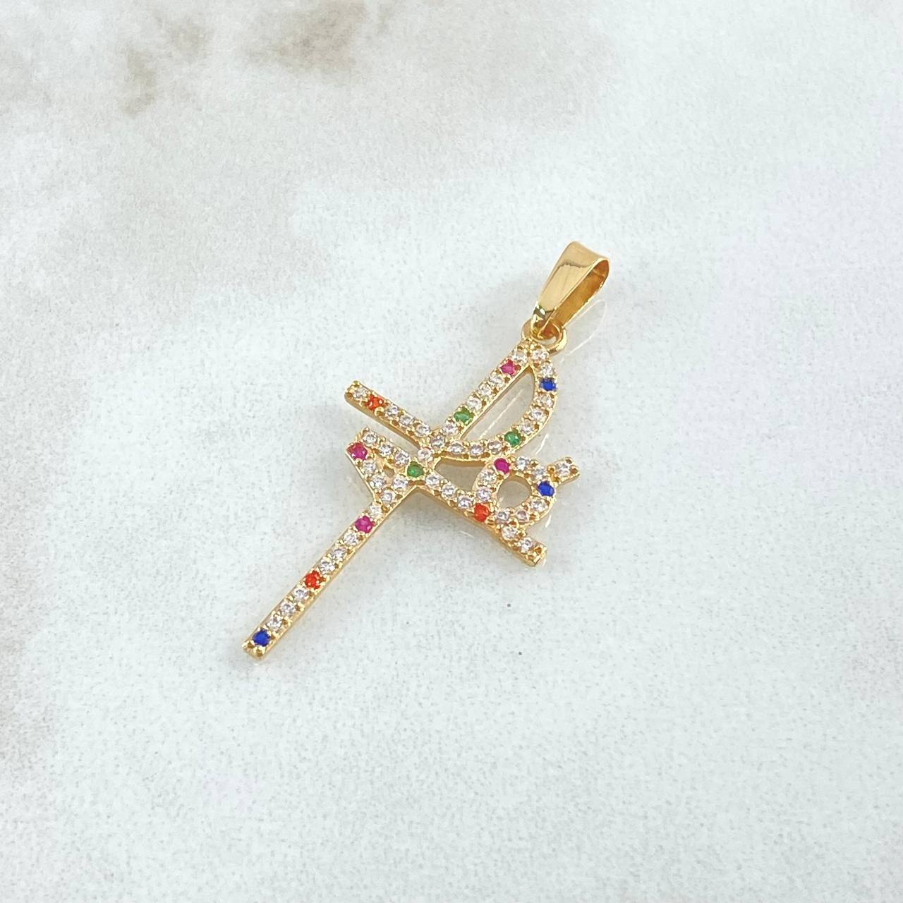 Dije Cruz Fé 1.3gr / 3.5cm / Circones Multicolor Oro Amarillo 18K ©