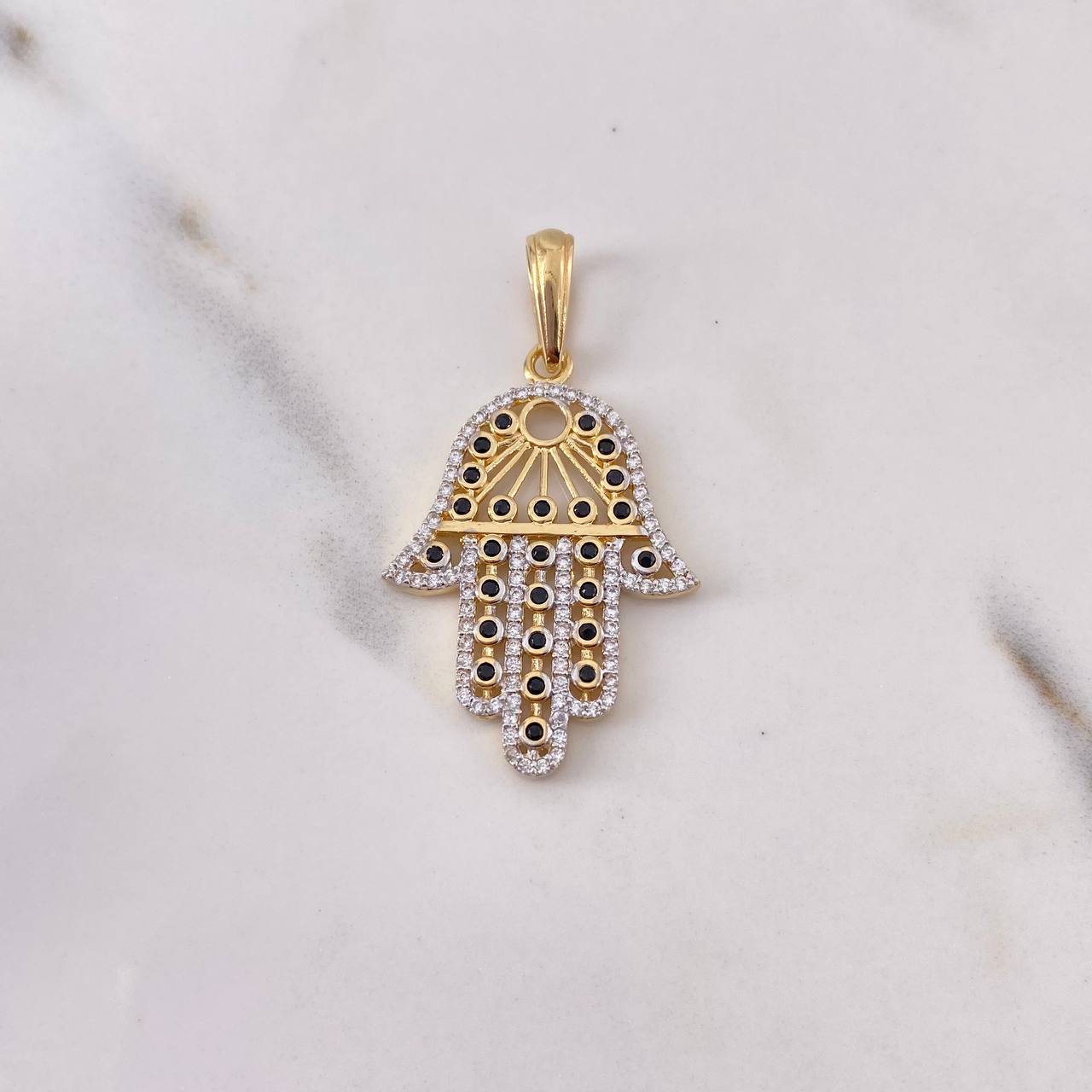 Pendant Hamsa Hand 3.9gr / 4cm / Black and White Zircons Two 18K Yellow and White Gold $