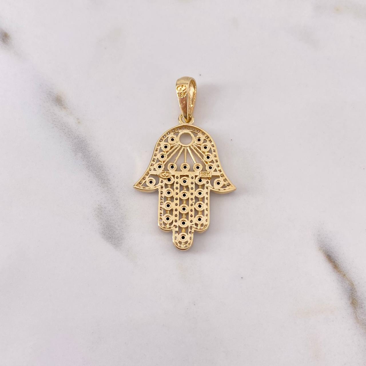 Pendant Hamsa Hand 3.9gr / 4cm / Black and White Zircons Two 18K Yellow and White Gold $