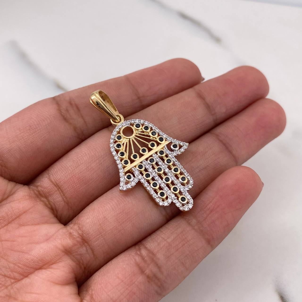 Pendant Hamsa Hand 3.9gr / 4cm / Black and White Zircons Two 18K Yellow and White Gold $