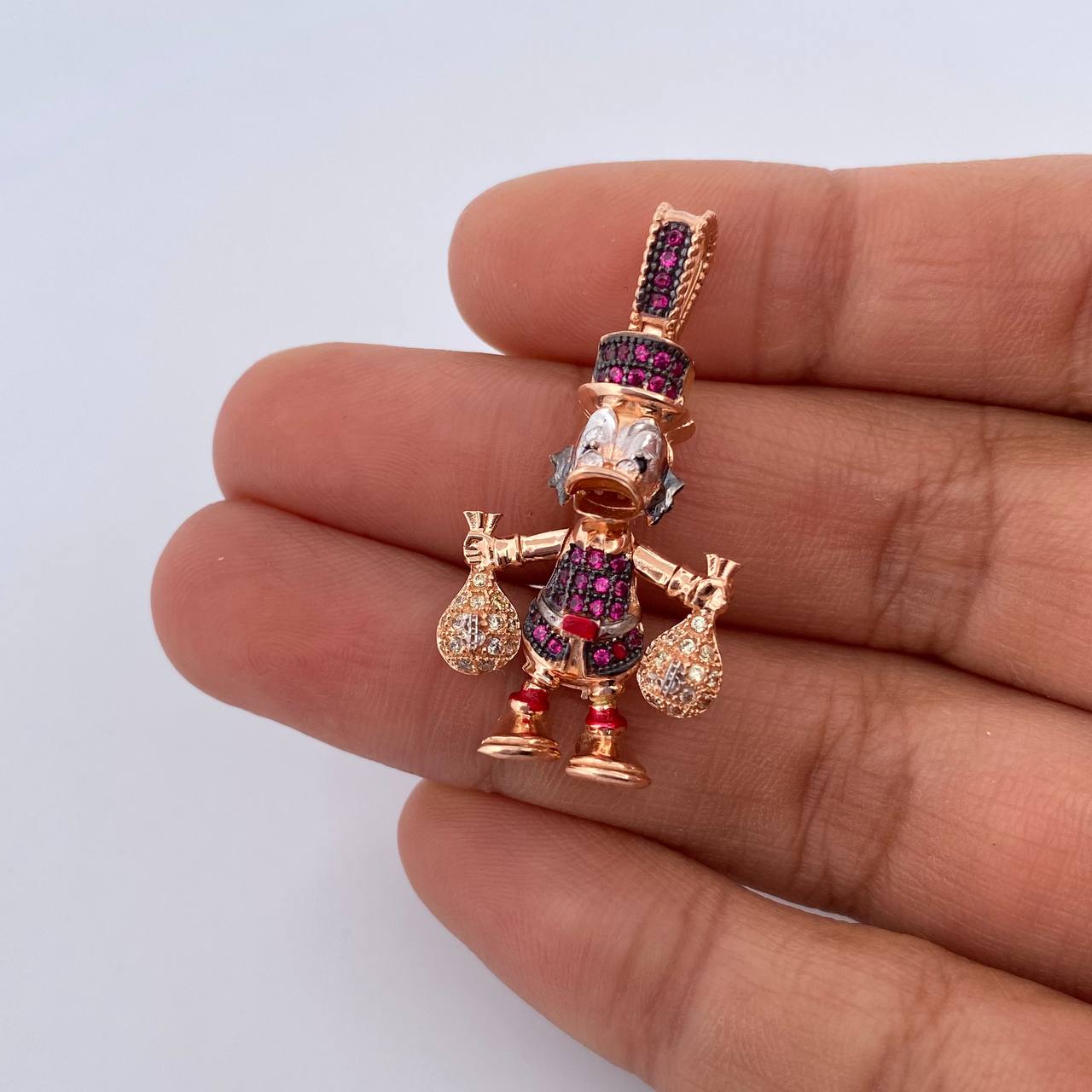 Pendant Duck Bags Money 5.95gr / 3.5cm / Fuchsia Black White Zircons Three 18K Golds &