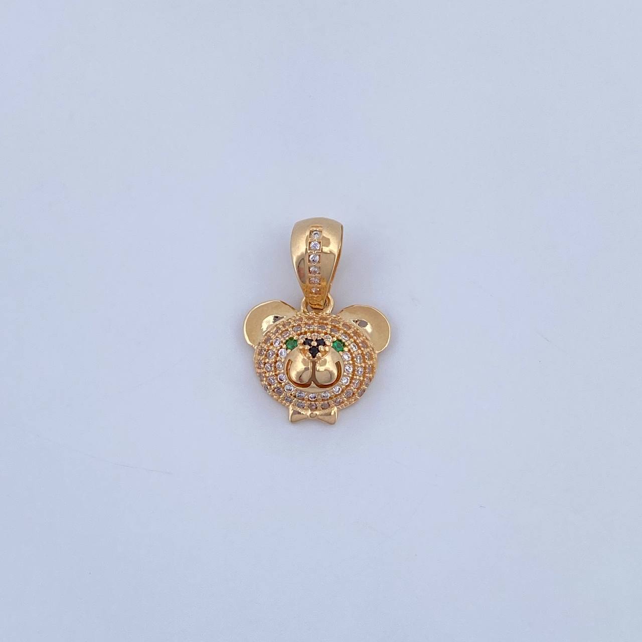 Pendant Bear Face 3gr / 2.1cm / Green Black White Zircons 18K Yellow Gold &
