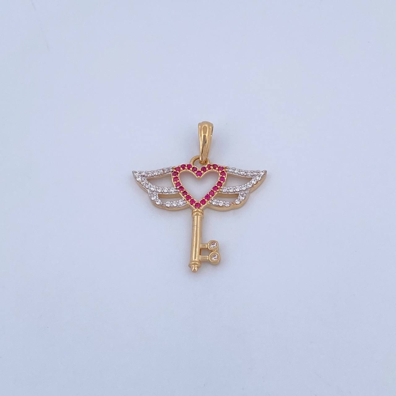 Pendant Heart Key 2.85gr / 3.1cm / White and Fuchsia Zircons Two 18K Yellow and White Golds &