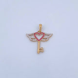 Pendant Heart Key 2.85gr / 3.1cm / White and Fuchsia Zircons Two 18K Yellow and White Golds &