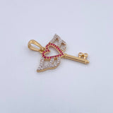 Pendant Heart Key 2.85gr / 3.1cm / White and Fuchsia Zircons Two 18K Yellow and White Golds &