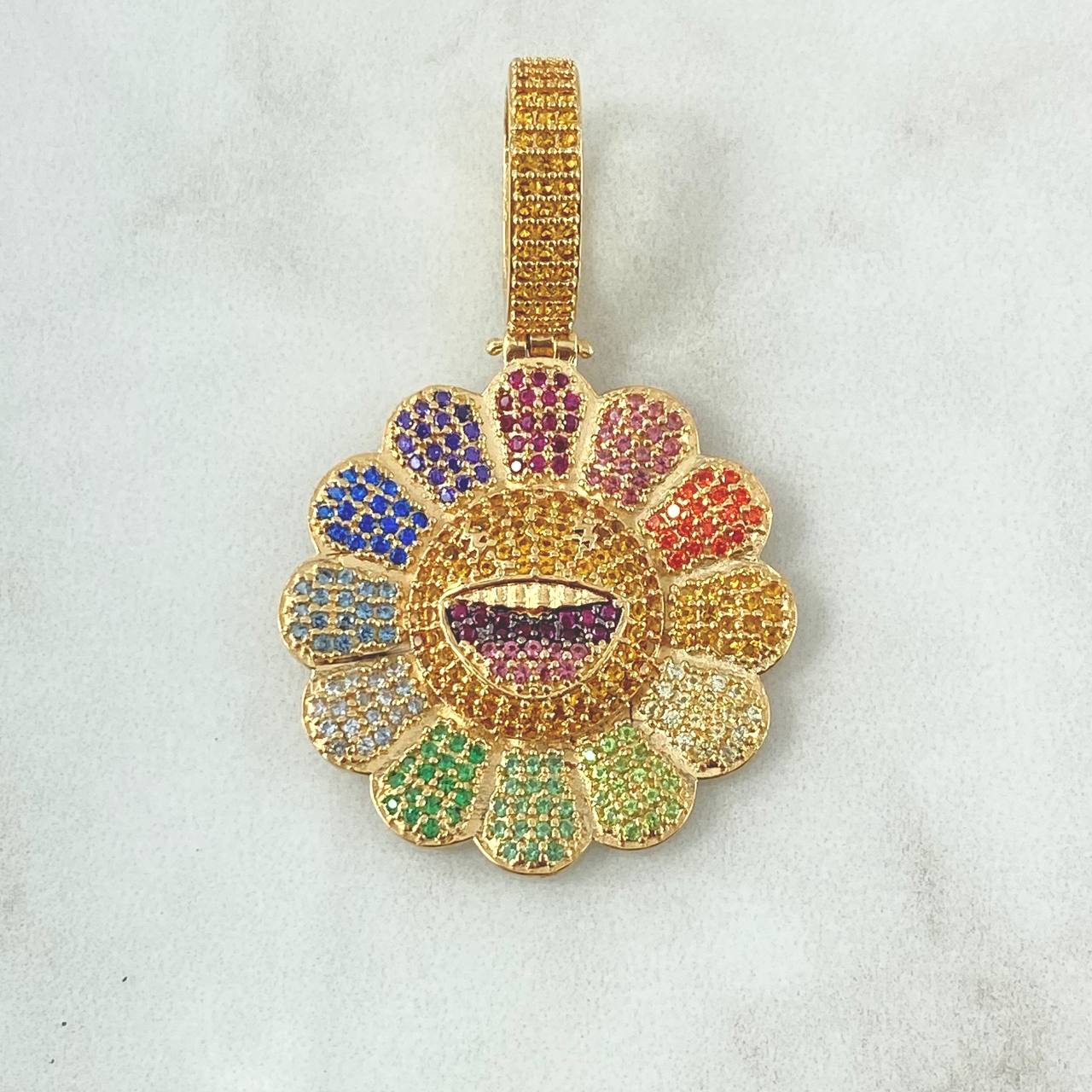 Dije Flor Cara Sonriente 9.25gr / 4.4cm / Circones Multicolor Oro Amarillo 18K ©