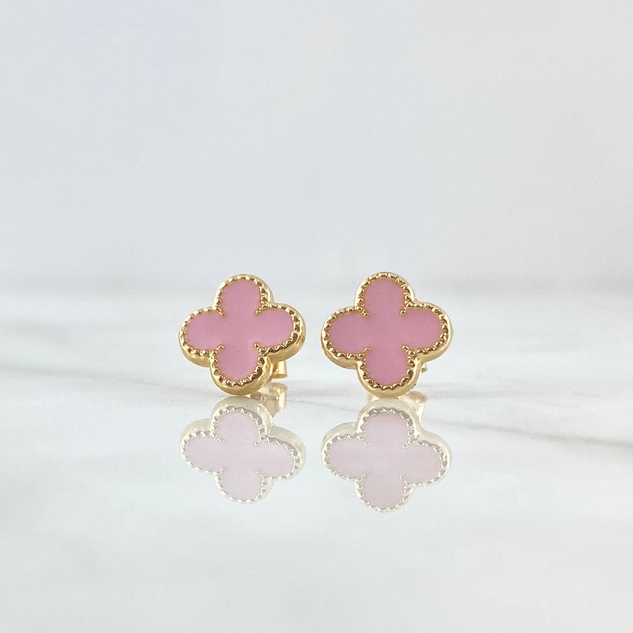 Topos Trebol VCyA 1.25gr / 9mm Resina Rosada borde Punteado Broche Mariposa Oro Amarillo 18K ©