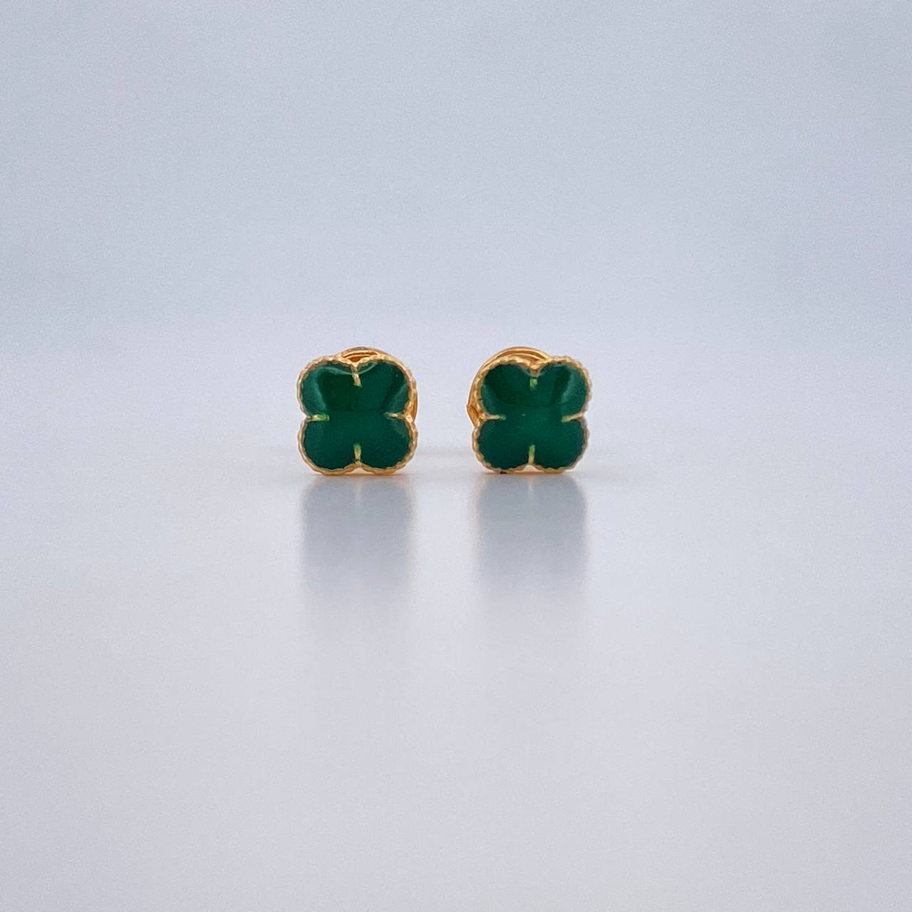 Stud Earrings Clover 0.95gr / 5.5mm Green Resin 18K Yellow Gold &