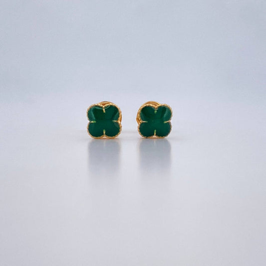 Stud Earrings Clover 0.95gr / 5.5mm Green Resin 18K Yellow Gold &