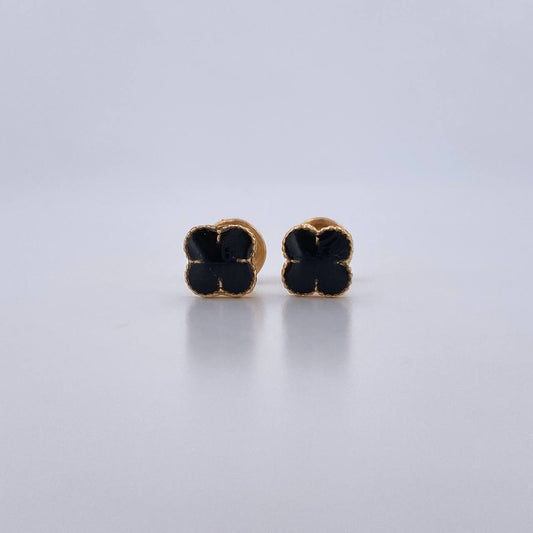 Stud Earrings Clover 0.95gr / 5.7mm Black Resin 18K Yellow Gold &