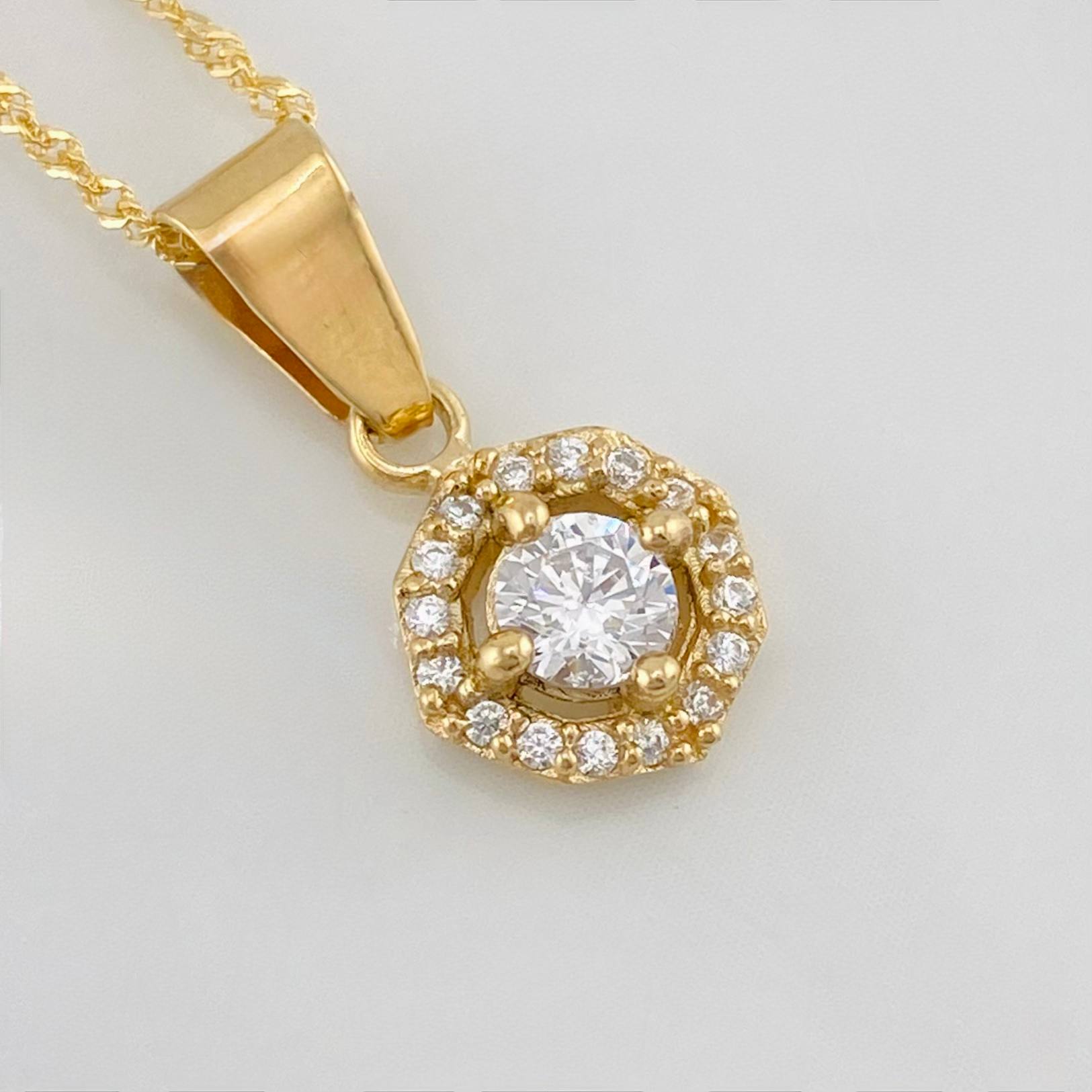Set Singapore Chain + Halo Pendant / 2.35g / 17 3/4 in Yellow Gold 18K