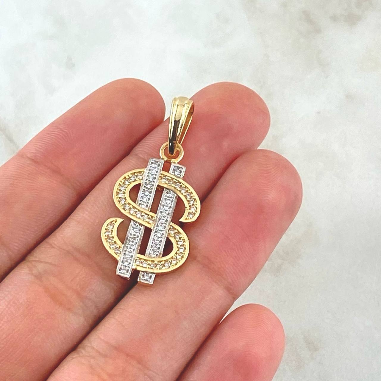 Pendant Dollar Sign 3.25gr / 3.5cm / White Zirconia Two-tone Yellow and White 18K Gold